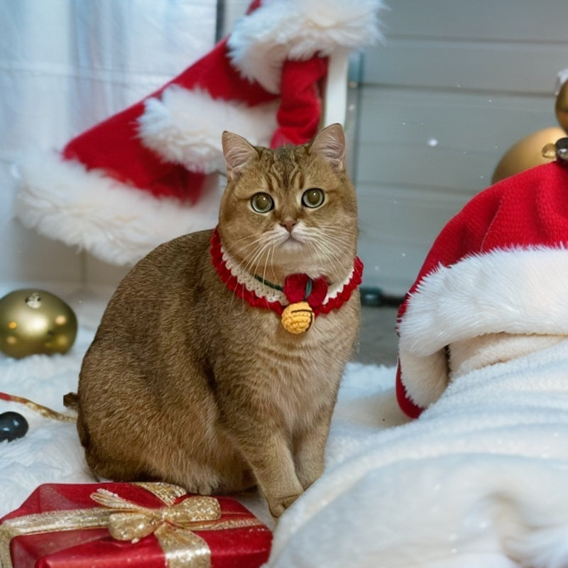 Crochet Christmas Pet Collar with Bell and Bow